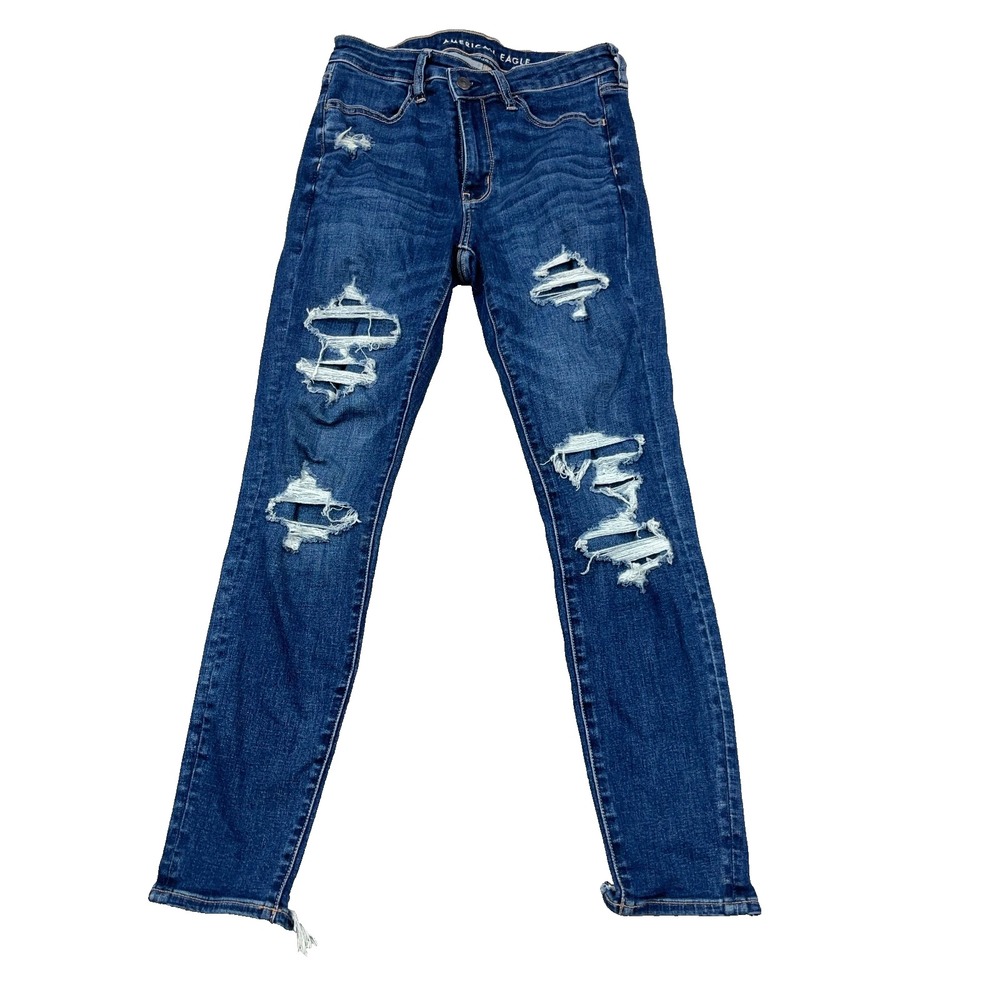 American Eagle Jegging Women 6 High Rise Dark Wash Distressed Holes Jeans A83
